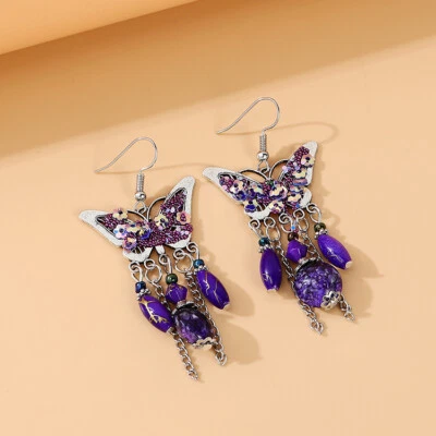Beautiful Fashion Retro Exquisite Flower Butterfly Chandelier Earrings-Purple - Image 1 of 3