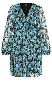 City Chic Plus Size XL / 22 Mini Dress Short Floral Blue Faux Wrap Sheer Sleeve - Picture 1 of 20