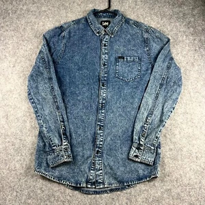 Lee Mens Button Down Shirt Long Sleeve Small Blue Denim Regular Fit Cotton Logo - Picture 1 of 8