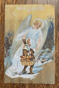 Hübscher ENGEL weißes Kleid MÄDCHEN Korb OSTERN Antik Vintage Gold Emb Postkarte! - Bild 1 von 4