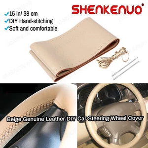 Genuine Leather DIY Car Steering Wheel Cover Anti-slip For 15"/38 cm Dia Beige - Picture 1 of 11
