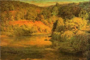 Ölgemälde John Ottis Adams - Die Ebbe des Tages schöne Sonnenuntergang Landschaft mit Fluss - Bild 1 von 1