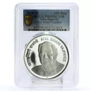 India 100 rupees Birth of Atal Bihari Vajpayee Politics PR69 PCGS Ag coin 2018 - Picture 1 of 2