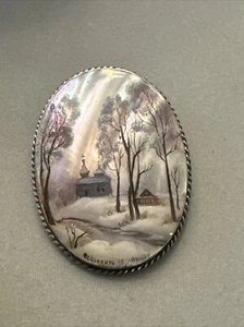 Signed Hand Painted Oval Russian Brooch on Mother-Of-Pearl Winter Woods Scene - Picture 1 of 5