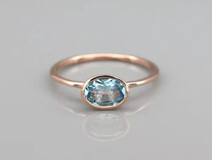 Natural Aquamarine 6x4mm Oval gemstone women Dainty Promise Ring 14k Rose Gold - Picture 1 of 3