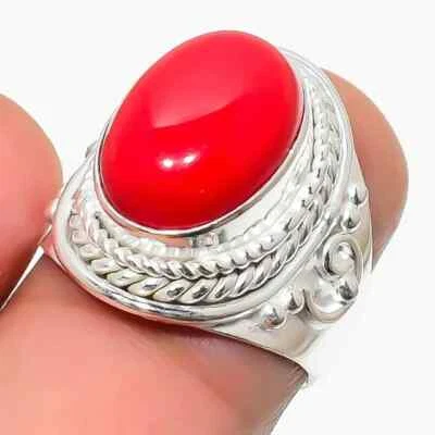 Обручальное кольцо из стерлингового серебра 925 пробы с имитацией красного коралла овальной огранки 4 карата - Изображение 1 из 3
