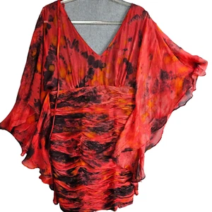 Honey and Beau 100% Silk Dress Ruched Red Black Size 10 V-Neck Batwing Bodycon - Picture 1 of 9