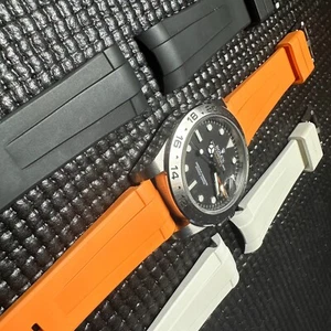 21mm WHITE BLACK ORANGE Vulcanized Caoutchouc rubber Straps Rolex EXPLORER II - Picture 1 of 7