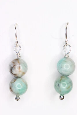 翡翠绿色 9 毫米球天然宝石 0.925 纯银耳环 1 1/2 — 第 1/2 张图片