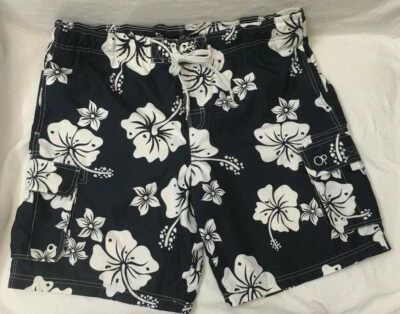 Op 男式冲浪板短裤海军蓝花卉中号 32-34 包裹口袋绑带腰 — 第 1/4 张图片