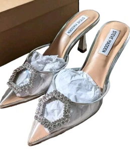 STEVE MADDEN Luxe City Embellished Diamante Clear Slip-On Heels size 7 37.5 - Picture 1 of 8