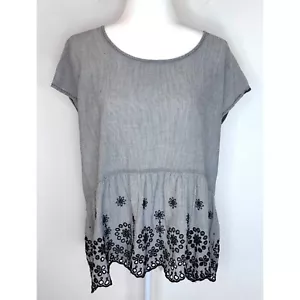 Sonoma Peplum Blouse Women XL Gray Floral Eyelet Black Pinstripe Cap Sleeve - Picture 1 of 9