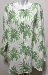 Tahari 2X Linen White Green Top Shirt Blouse Palm Trees Button Up New NWT - Picture 1 of 7