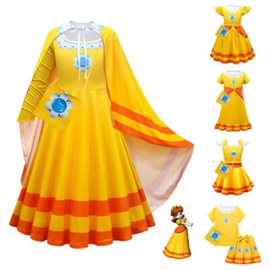 Kids Super Mario Princess Daisy Cosplay Costume Dress Girls Party Fancy Dress Up - Picture 1 of 26