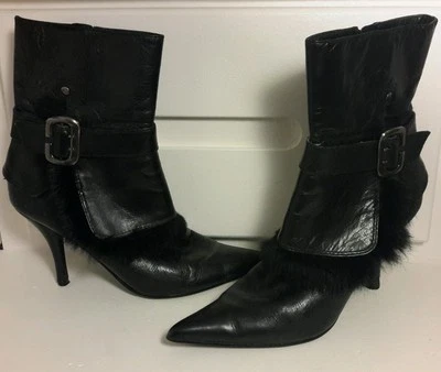 Nine West Women's Black Leather Rabbit Fur Pointed High Heel Mid-Calf Boots Sz 7 - Image 1 of 4