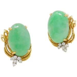 Antique 12x8mm Natural Green Jade Stud Earring 14k Yellow Gold Over Jade Earring