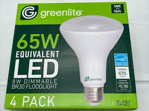 4x NEW Greenlite BR30 Light Bulbs 8w LED 65w Dimmable 3000k 670 Lumens - Picture 1 of 6