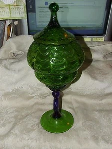 Vintage 1960s Phoenix Consolidated Green & Cobalt Blue Huge TALL COVERED COMPOTE - Picture 1 of 7