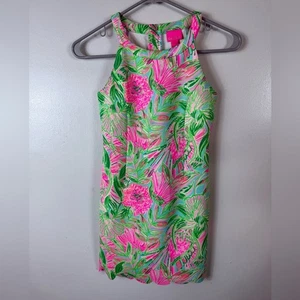 Lilly Pulitzer Blumenkleid Mädchen Größe 10 grün rosa gewellte Kanten ärmellos - Bild 1 von 6