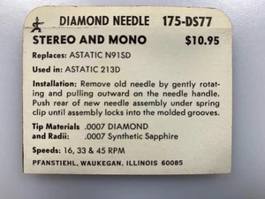 NOS PFANSTIEHL #175-DS77 STYLUS NEEDLE Replacement for ASTATIC N91SD - Picture 1 of 2