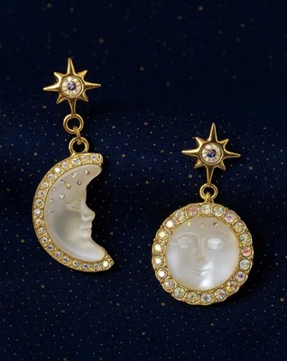Moon Sun Star Earrings Face Mismatch Gold Deco Celestial Glass CZ Asymmetric - Image 1 of 4