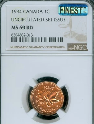 1994 CANADA CENT NGC MS69 RD PQ MAC FINEST GRADED MAC SPOTLESS Pop-3 . - Image 1 of 4