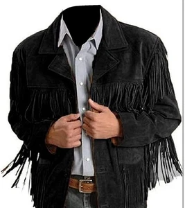 Herren Western Cowboy Wildleder Fransen Jacke Indianer Fransen Lederjacke schwarz - Bild 1 von 3