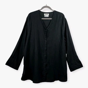 Flachs schwarz Leinen V-Ausschnitt Knopfleiste Tunika Top Gr. 2X Lagenlook  - Bild 1 von 7