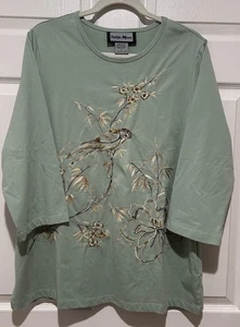 INDIGO MOON grün Baumwollmischung Top groß bestickt Vogel & Blumen - Bild 1 von 6