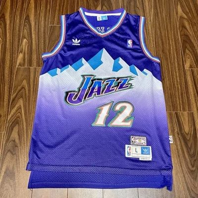 Camiseta Adidas Utah Jazz John Stockton #12 NBA Madera Dura Clásicos Talla Grande Foto 1 de 4
