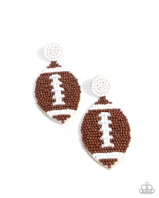 Paparazzi Football Fan - Brown - Brown & White Seed Beads - White Felt Post Earr - Image 1 of 2