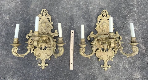 Antique Italian Pair Of Baroque Bronze Three Arm Sconces Amazing Detail Cover