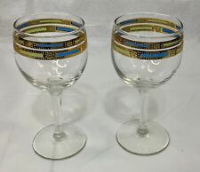 MCM Pair Blue Empress By Culver Wine Glasses Blue Green Gold 22K Barware RARE