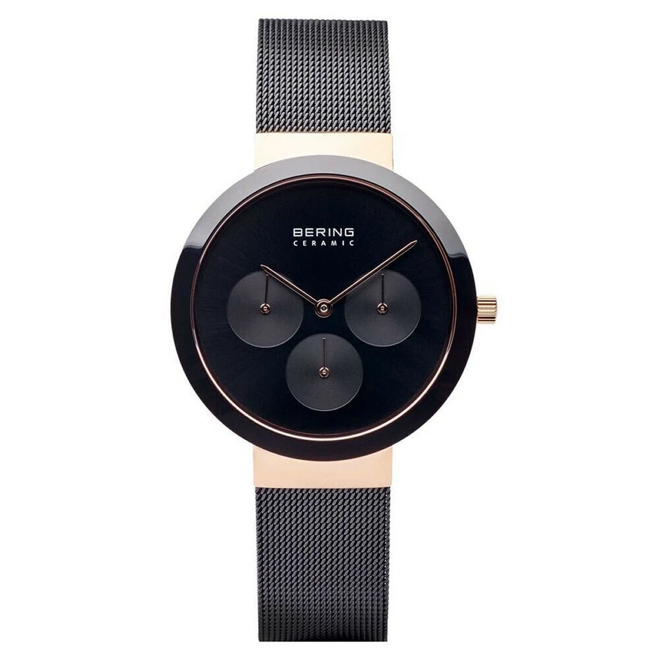 BERING Ceramic 36mm Black Mesh Band Classic Multifunction Womens Watch 35036-166