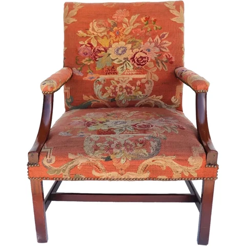 Antique English Chippendale Upholstered Mahogany Library Armchair 18th century Cover