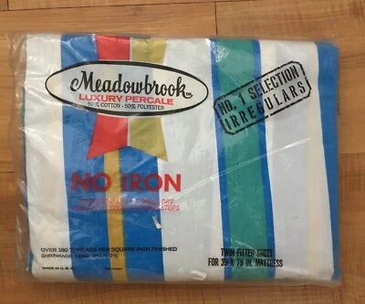 Vintage Meadowbrook Blue Green Stripe Mod Retro Beach TWIN FITTED Sheet NEW - Image 1 of 4