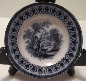 Worcester Factory Historisch Blau/Weiß Tasse Teller 3-3/4" Durchmesser Angelszene - Bild 1 von 10