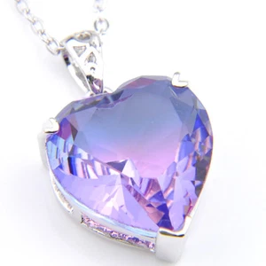 Sterling Silver Plated Purple Bi Colored Tourmaline Love Heart Pendant Necklace - Picture 1 of 6