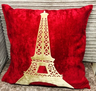 EIFFEL tower Red & Gold Crushed Velvet Decorative Pillow Throw Cover 17" - Image 1 of 2
