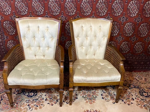 Cain Chairs Upholstered Vintage Century Style Mid French Pair Wood Cover