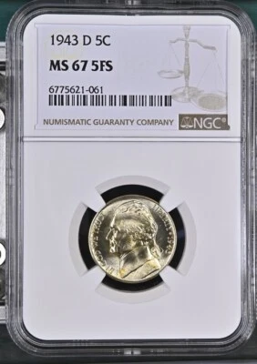 1943 D Jefferson Nickel: Stunning NGC MS67 5 Full Steps ~ Great Wartime Coin! - Image 1 of 4