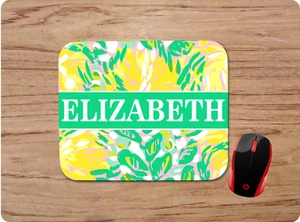 LILLY INSPIRED YELLOW TROPICAL PRINT PERSONALIZED NAME MOUSE PAD HOME OFFICE - Picture 1 of 1