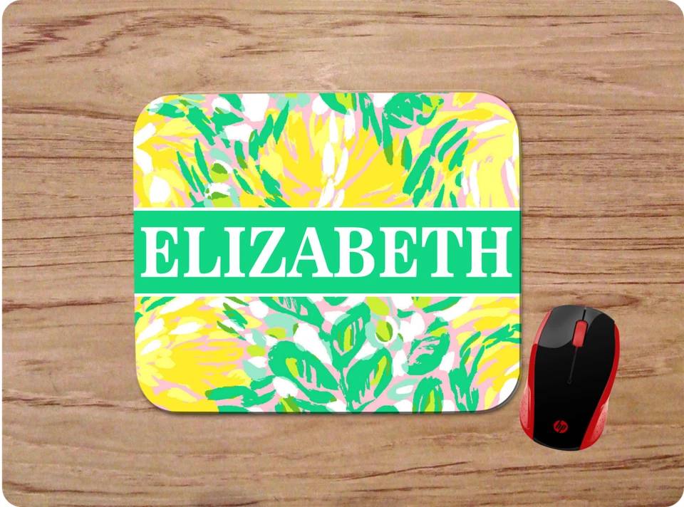 LILLY INSPIRED YELLOW TROPICAL PRINT PERSONALIZED NAME MOUSE PAD HOME OFFICE - Image 1 of 1