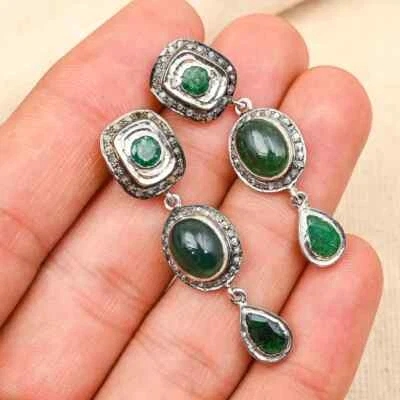 Faszinierender Smaragd Edelstein Ohrring Pave Diamant Ohrring 925 Sterlingsilber - Bild 1 von 4