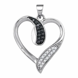 Genuine Diamond Heart Pendant 10k White Gold with Black and White Diamonds - Picture 1 of 1