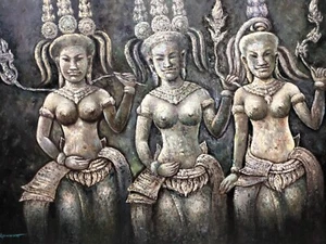 Original Pallet Knife Apsara Girls Painting Signed 120cm x 160cm - Picture 1 of 7