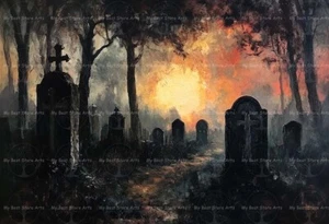 HAUNTED CEMETERY ART PRINT, Gothic Graveyard Wall Decor, Halloween Poster E455 - Picture 1 of 2