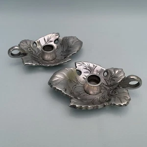 Vintage Aluminium 2 Wee Willie Winkies Chamber Sticks Leaf Design Made In India - Picture 1 of 11