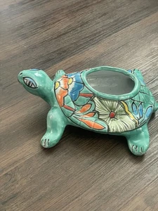 Handbemalte Mexiko Talavera Meeresschildkröte 11,5" lang Übertopf Topf Floral - Bild 1 von 9