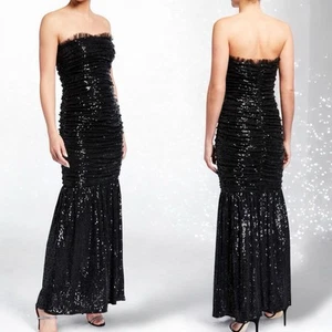 Aidan Mattox Ruched Sequin Strapless Dress Black SZ 4 Bodycon Prom Gothic Fairy - Picture 1 of 13